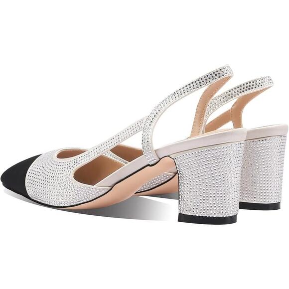 Women Slingback Pump Rhinestone Embellished Round Toe Chunky Heel Two Tone Pump - Picture 3 of 7